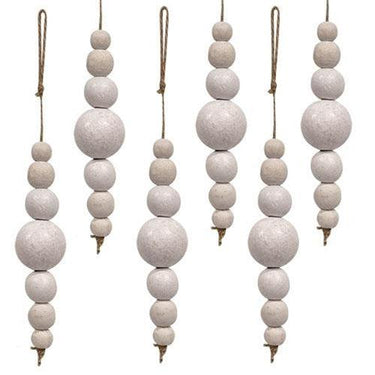 6 Set White Wooden Bead Ornaments on Jute - The Fox Decor